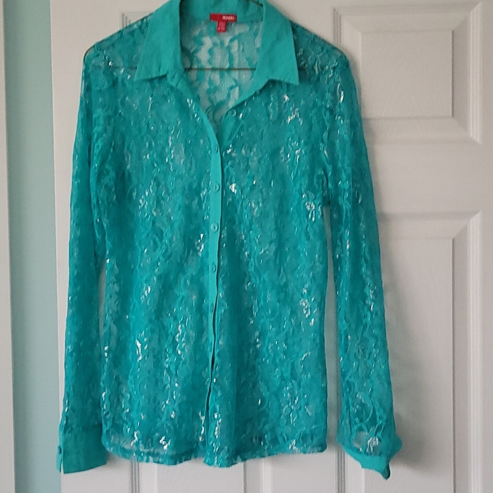 Blouse, turquoise with silver thread